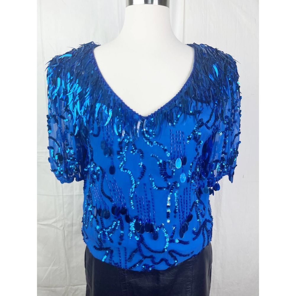 Vintage 1980s Oleg Cassini Deep V Neck Sequin Bright Blue Disco Top - Picture 2 of 5